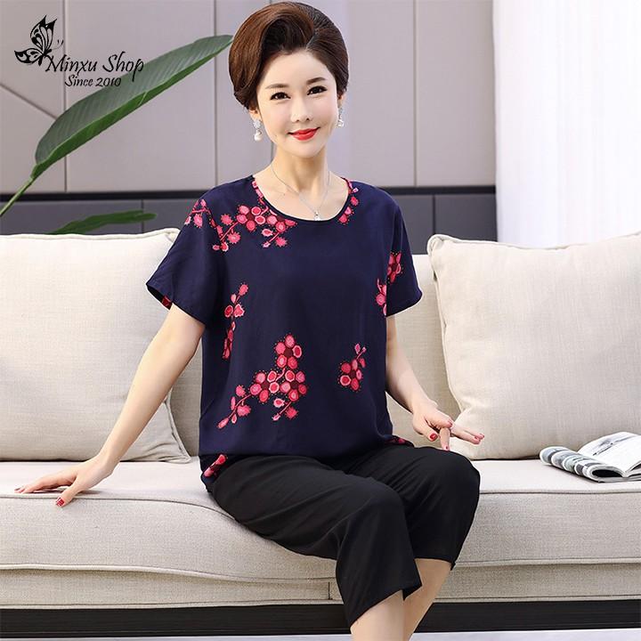 Bộ mặc nhà trung niên cách tân vải cotton lụa, áo ngắn tay quần lửng sang trong lịch sự cho bà cho mẹ (Mã N