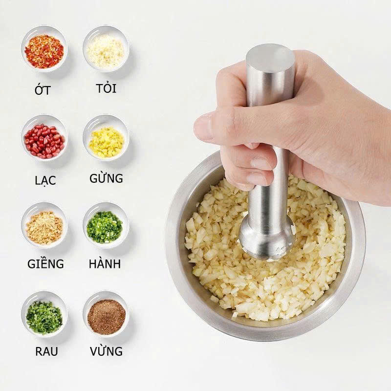 Cối Chày Inox 304 Cao Cấp , Đâm Tiêu , Giã Tỏi, Giã Cua, Có Nắp Đậy, Đế Chống Trượt , Size 10cm