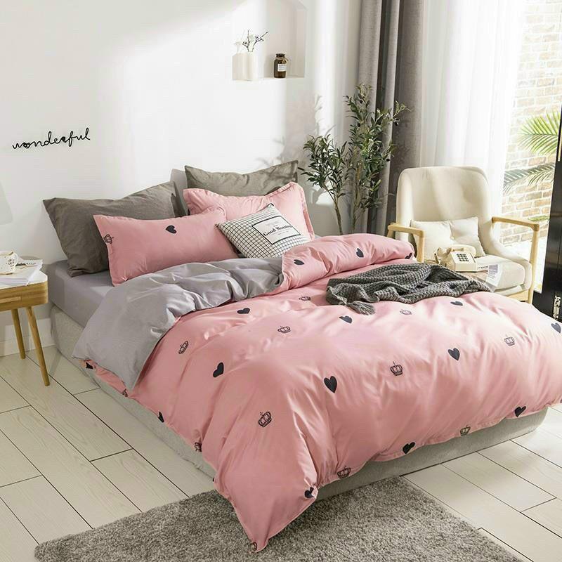 Bộ chăn ga gối Cotton poly M2T Bedding Tim vương miện, vỏ chăn mền, drap nệm và 2 vỏ gối