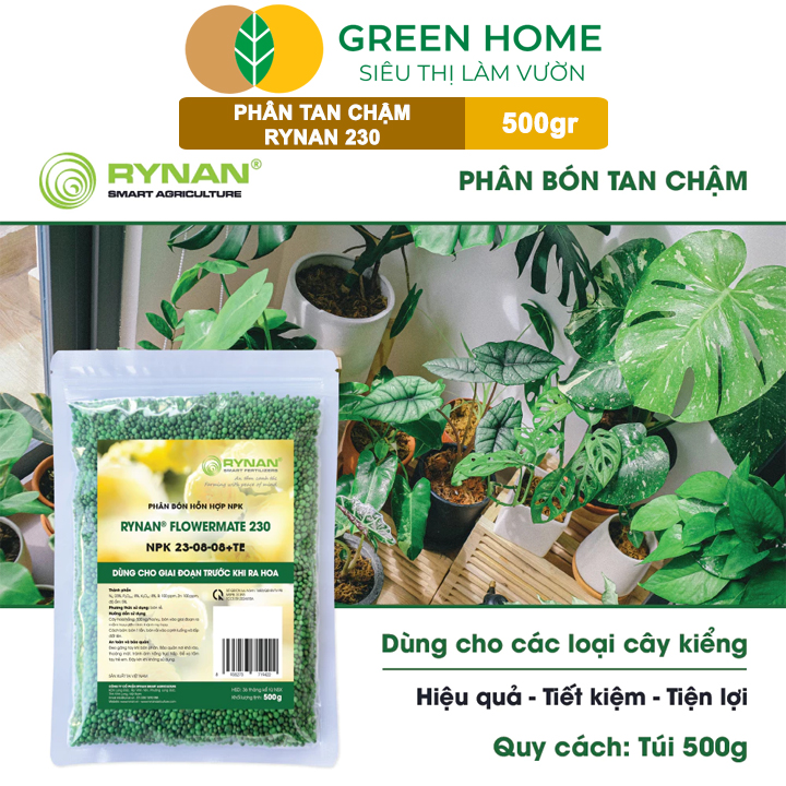 Phân Tan Chậm GreenHome, Rynan 230, Bao 500gr, Dùng Cho Hoa Kiểng, Kiểng Lá Trước Khi Ra Hoa