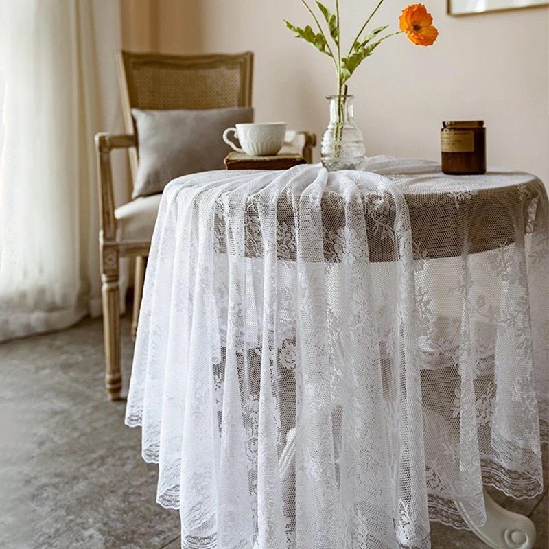 Khăn trải bàn voan ren trắng phong cách Vintage nhiều kích thước trang trí, decor nhà cửa, phòng ngủ