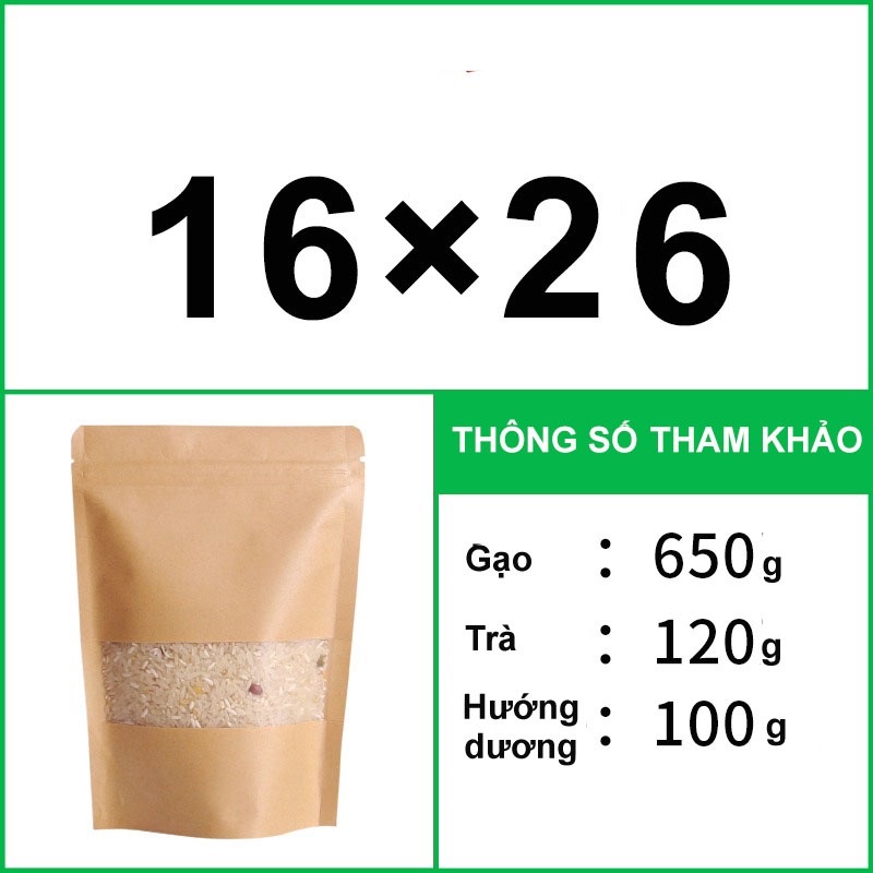 Túi Zip giấy Kraft đáy đứng có cửa sổ vàng đựng thực phẩm nhiều size tiện lợi - Set 50 túi