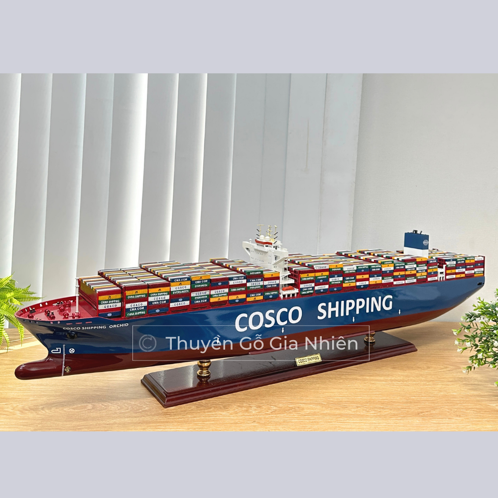 Mô Hình Thuyền Gỗ Phong Thủy Gia Nhiên, Thuyền Container Gỗ COSCO, Dài 100cm, Thuyền Trang Trí Xuất Khẩu Chất Lượng Cao