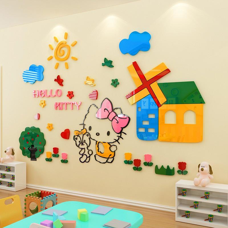 Tranh dán tường mica 3d decor khổ lớn khu vườn của hello kitty trang trí mầm non, mẫu giáo, phòng cho bé