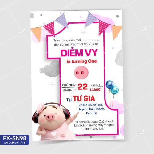 Thiệp thôi nôi – sinh nhật Heo con Pluxi