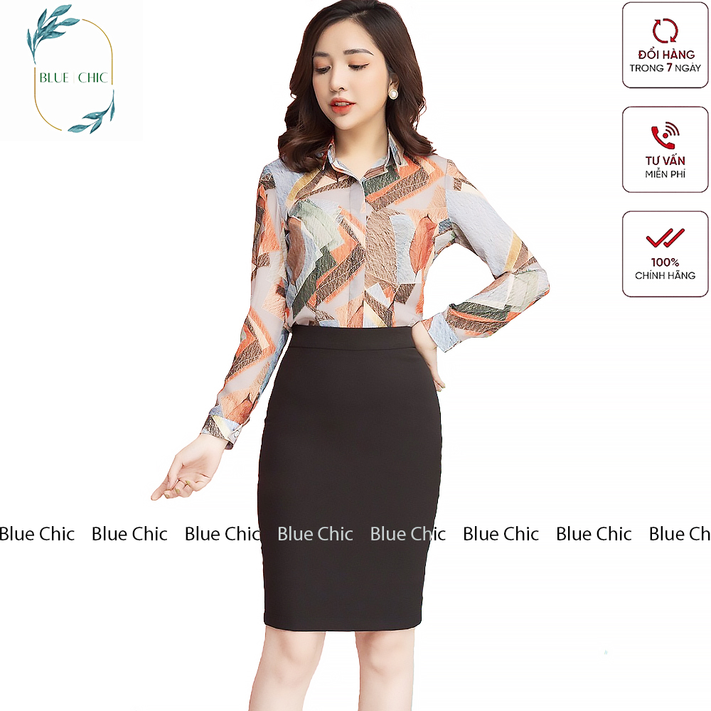 Chân váy bút chì Blue Chic lưng thun cao đồ công sở vải co giãn ôm body xẻ sau dáng dài màu đen