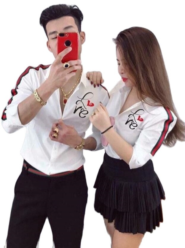 Áo sơ mi cặp đôi nam nữ phối viền tay áo LOVE siêu hót trend