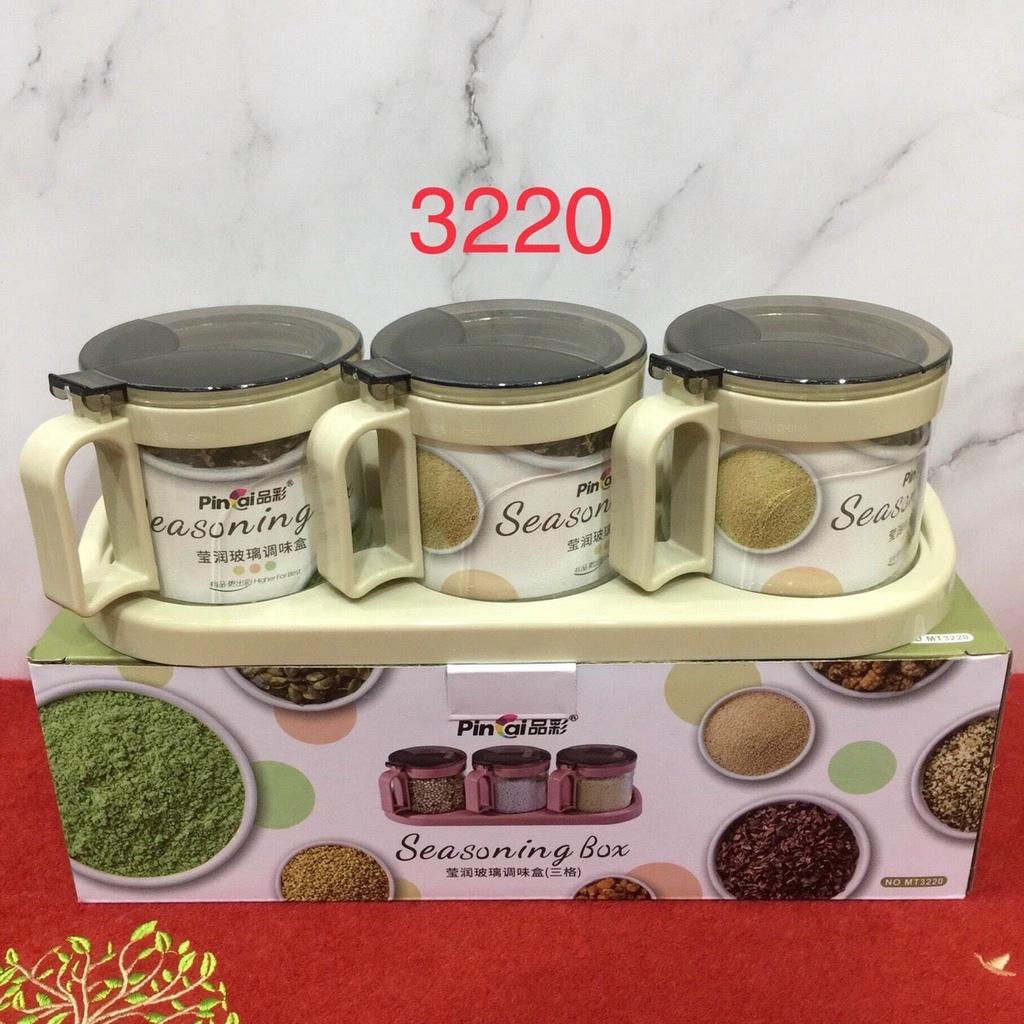 Bộ 4 hũ đựng gia vị thủy tinh Seasoning cao cấp có khay