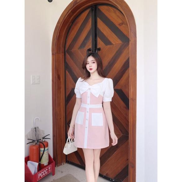 Đầm WONDERHOUSE cổ vuông phối nơ nhỏ trước ngực chất vải dày dặn