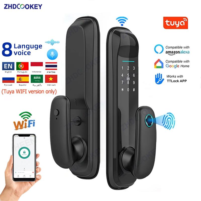 8 Ngôn Ngữ Điện Tử Tuya Wifi Tự Động Khóa Cửa Thông Minh Ứng Dụng TTLock Vân Tay Chống Nhìn Trộm Mật Khẩu Thẻ IC Chìa Khóa Kim Loại Mở Khóa