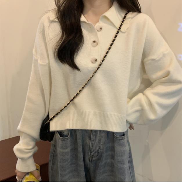 Áo len nữ dài tay form rộng cổ bẻ polo phong cách Hàn Quốc hàng Quảng Châu loại 1 D-3