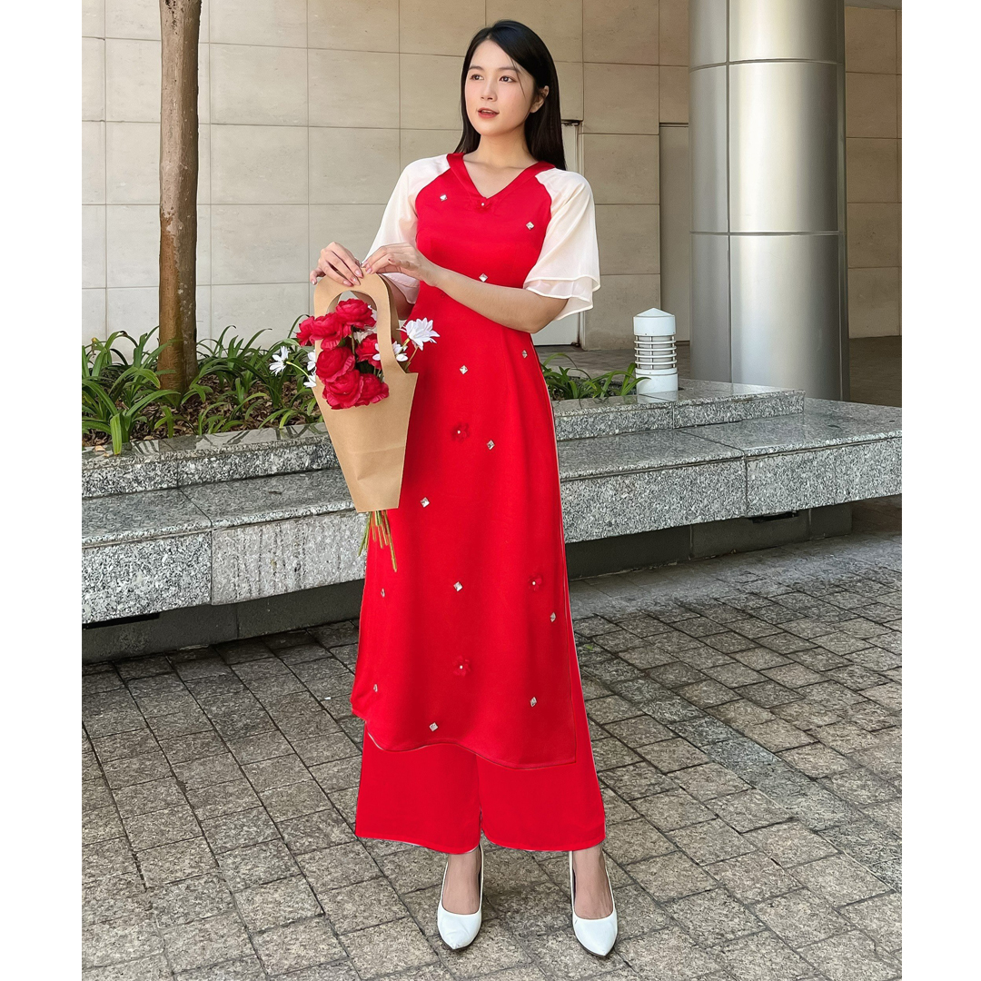 Áo dài cách tân cổ V kết đá dễ thương AD025 - Lady Fashion - Khánh Linh Style