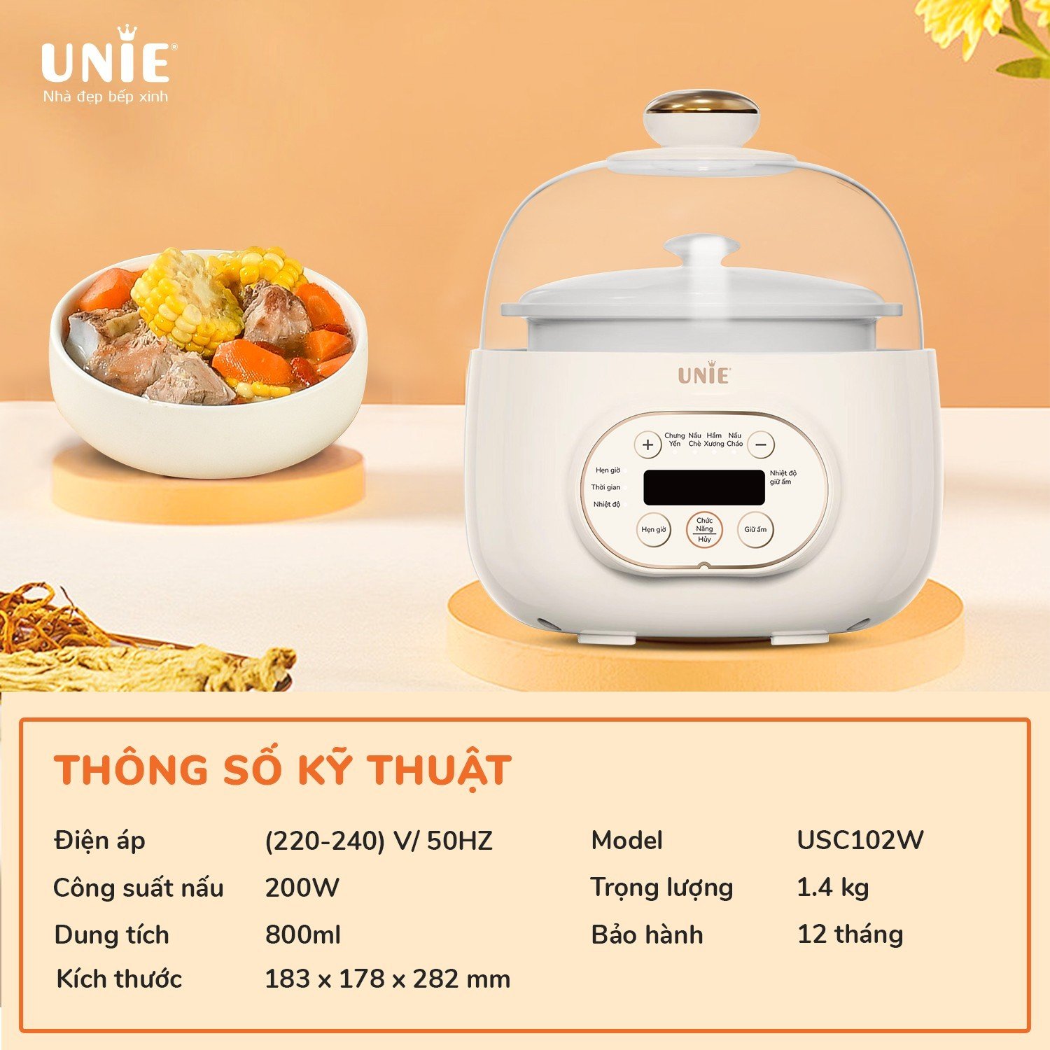 Nồi nấu chậm UNIE USC102W Thố gốm Ceramic cao cấp,dung tích 800ml ,4 chế độ tiện lợi,Xửng hấp tiện dụng,BH 12 tháng - Hàng chính hãng