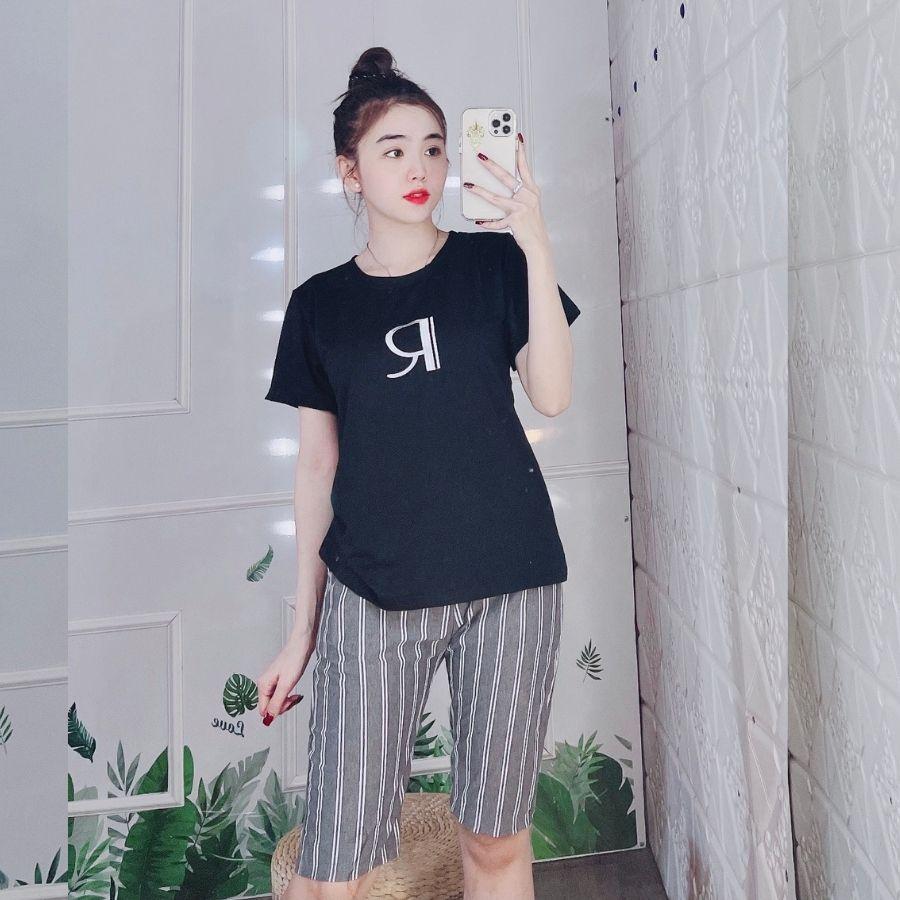 Đồ bộ nữ dễ thương bigsize mùa hè Đồ ngủ nữ thun cotton Bộ thể thao quần lửng sọc set ngố mặc nhà cute ESHOP AD16