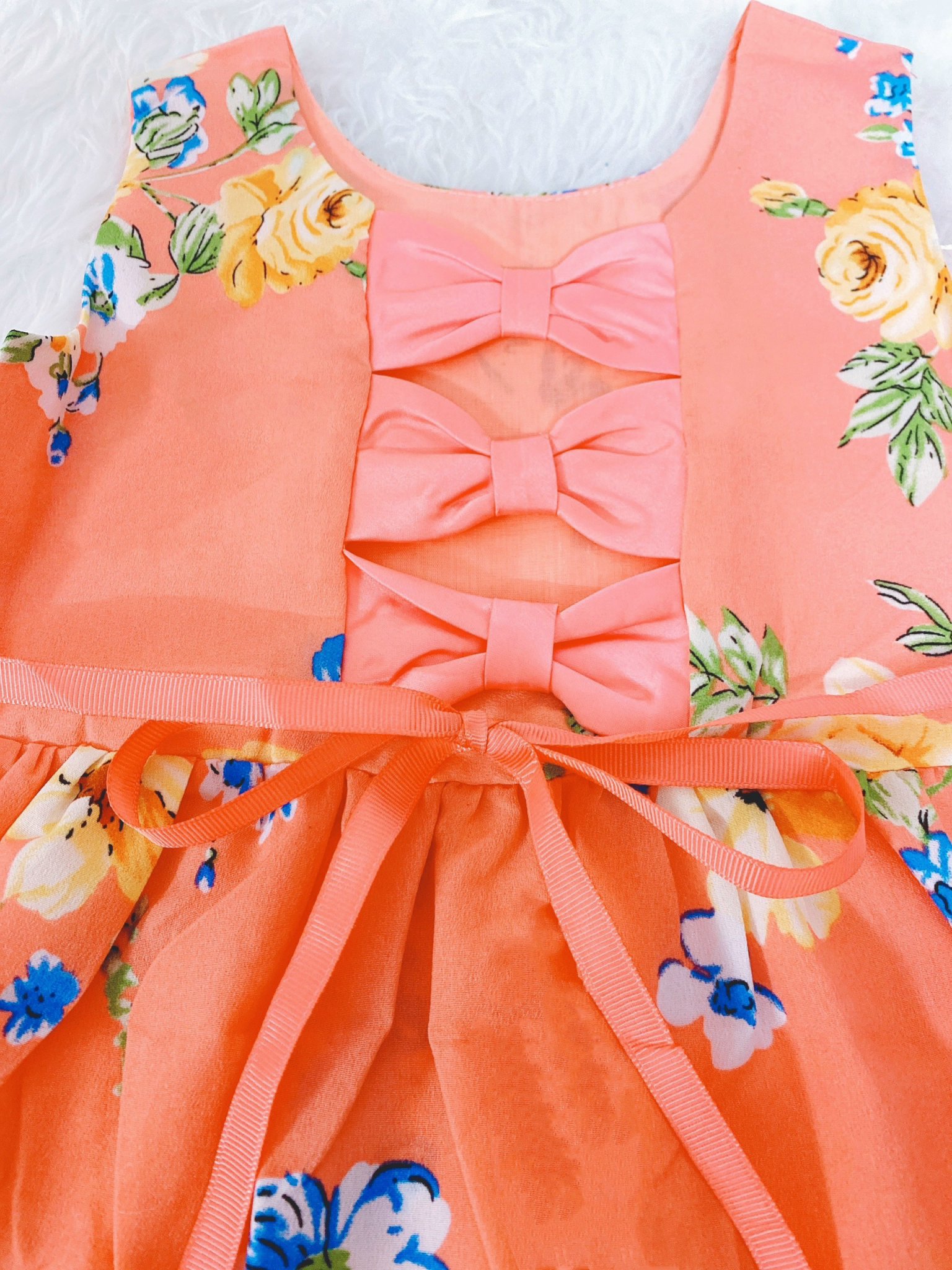 Đầm Váy Bé Gái Size 7-23Kg, 5 Tháng Đến 6 Tuổi Hoa Cam,Kết 3 Nơ, Thiết Kế