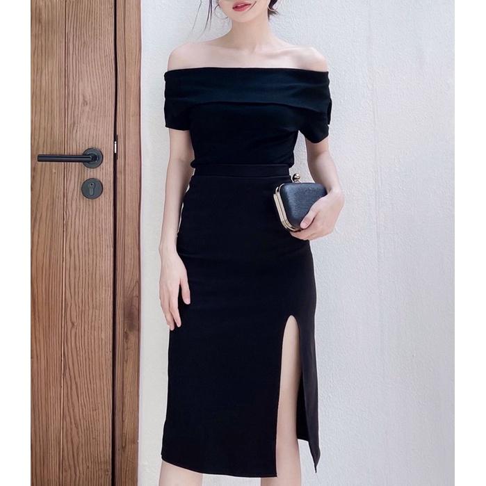 Set váy thiết kế Simee áo trễ vai xẻ mix chân váy xẻ tà