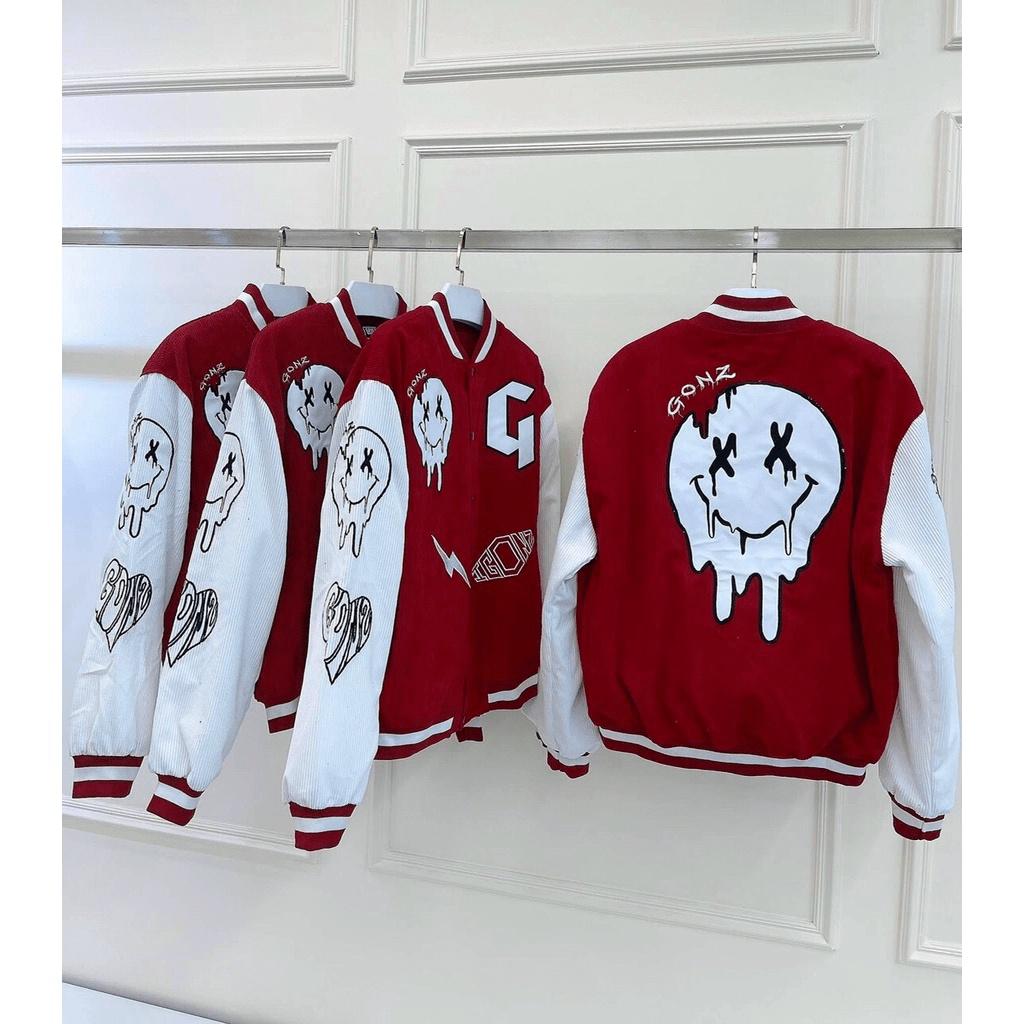 Áo Khoác Varsity Jacket Unisex Nam Nữ Nhung Tăm 2 Lớp - Họa Tiết Mặt Cười Cá Tính - MIDU FASHION
