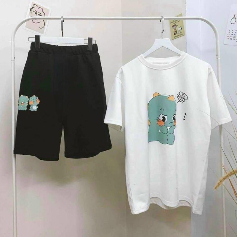 Set bộ đồ khủng long dễ thương,Đồ bộ thun tay lỡ +quần đũi mặc nhà unisex nam nữ,chất thun lạnh cực mát thời trang teen