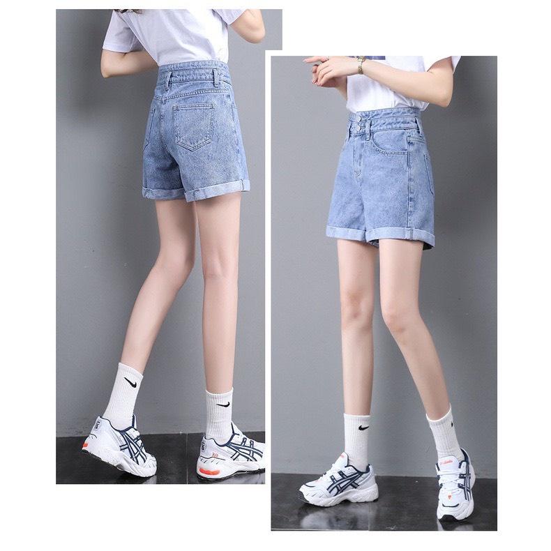 Quần Short Jean Cạp Cao Gấp Gấu Ống Suông Cá Tính