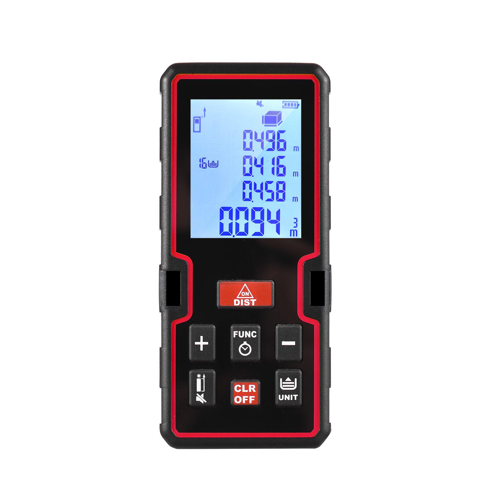 100m Laser Measure LCD Digital Laser Distance Meter Mini Range Finder Distance/ Area/ Volume/ Pythagorean Measuring Tool with Unit Change, Datum Mark Switch, Countdown, History Records