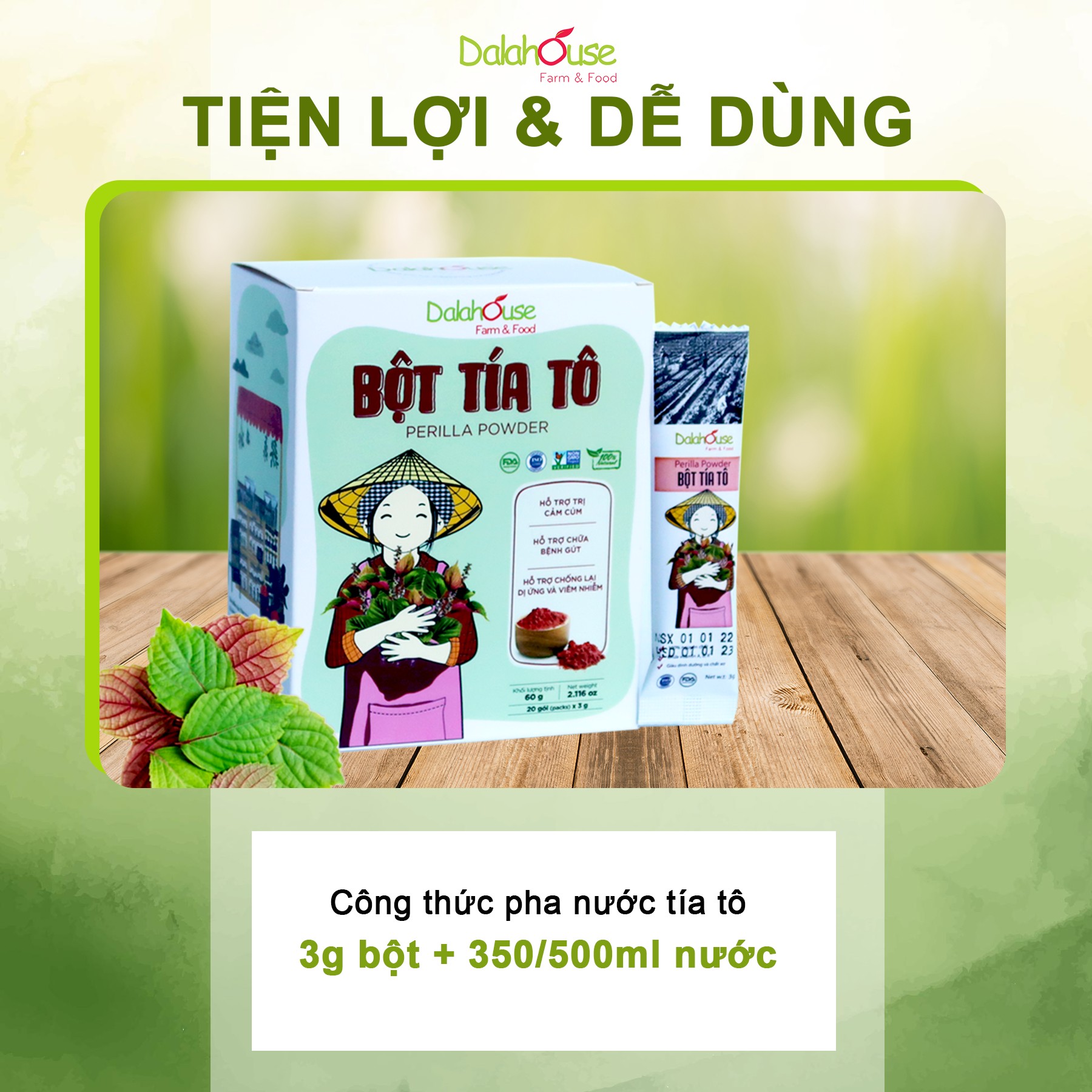 Bột Tía Tô sấy lạnh Dalahouse - Bổ phế phối, An thai, hỗ trợ giảm các triệu chứng cảm, ho, đau họng. Hỗ trợ điều trị GUT, đẹp da, trắng da