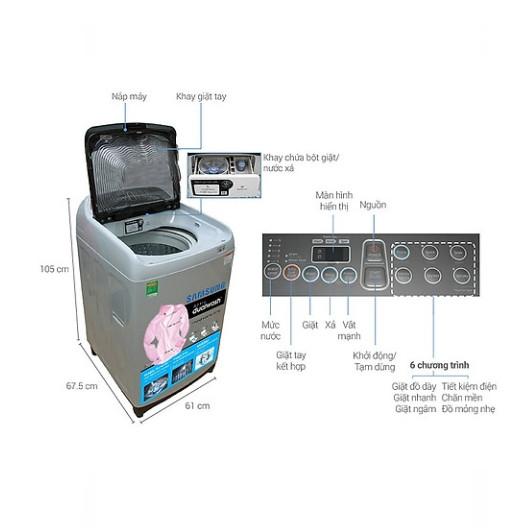 Máy Giặt Cửa Trên Samsung WA90J5710SG/SV 9kg - Hàng Chính Hãng + Tặng kèm bình đun siêu tốc