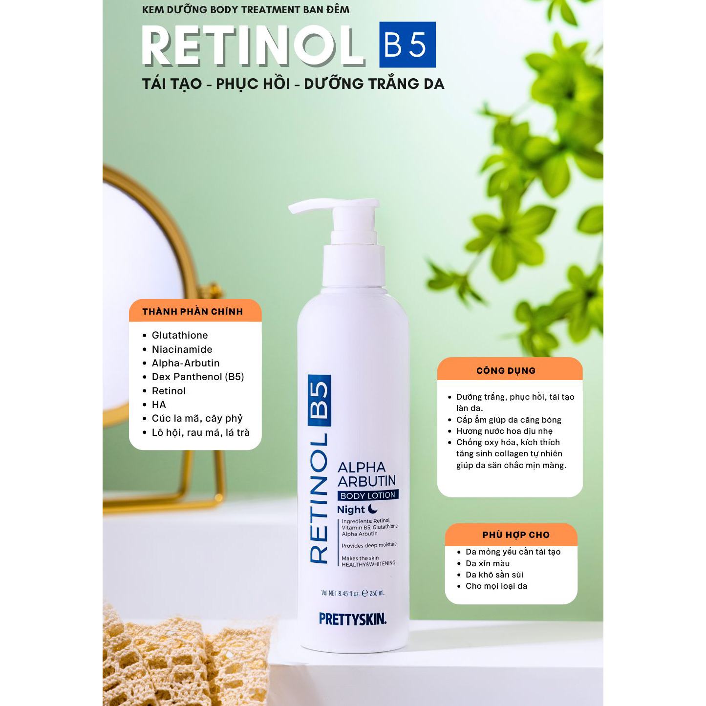 Kem Dưỡng Thể Ban Đêm Tái Tạo, Phục Hồi Làn Da Body Treatment Pretty Skin Retinol B5 Alpha Arbutin Body Lotion 250ml