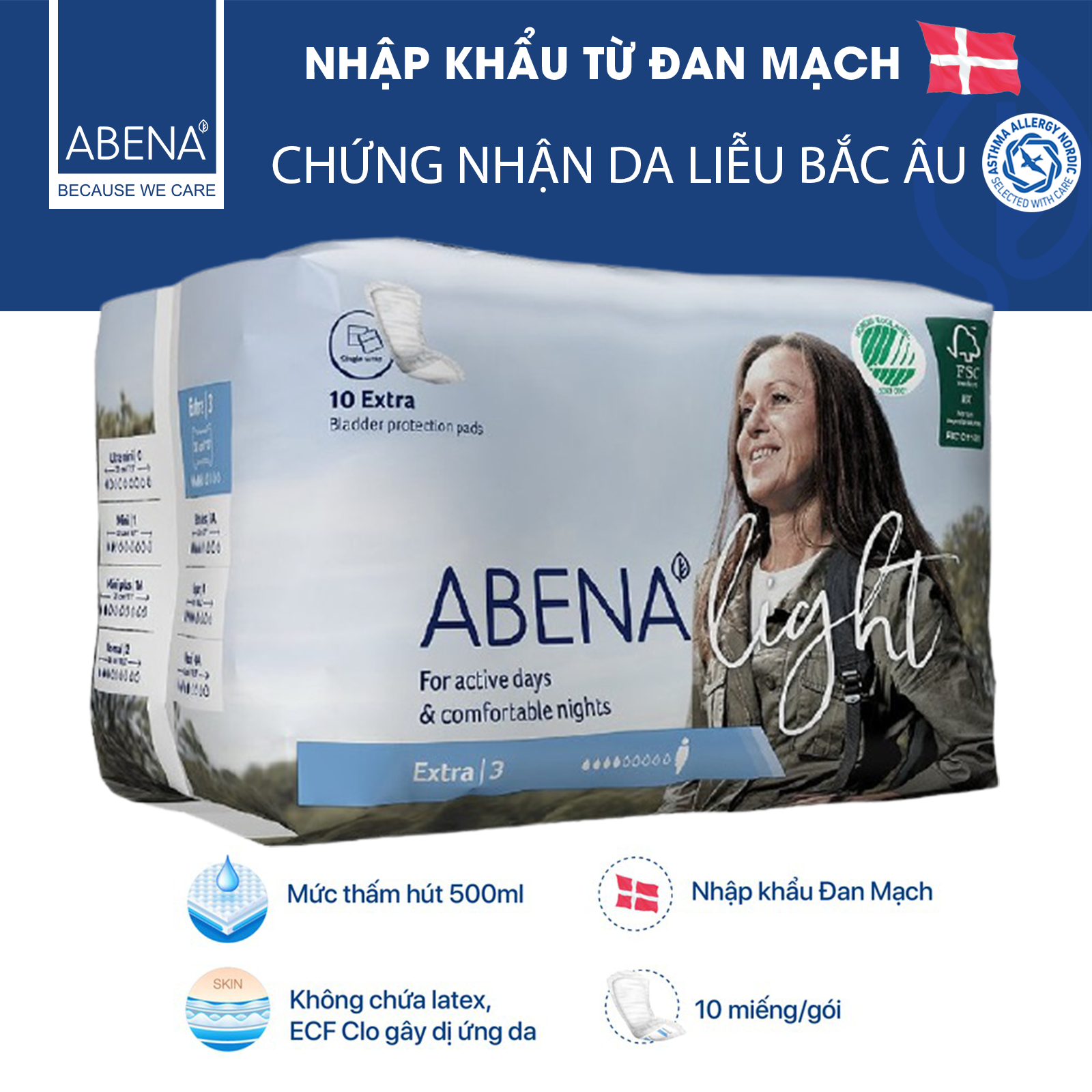 [ NHẬP ĐAN MẠCH ] - BĂNG LÓT NỮ SIÊU THẤM ABENA LIGHT EXTRA - 10 MIẾNG