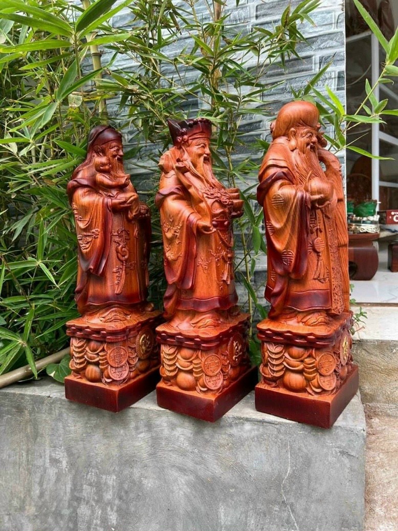 Bộ tượng phật tam đa phúc lộc thọ bằng gỗ hương đá pu giả cổ kt cao 60×18×15cm
