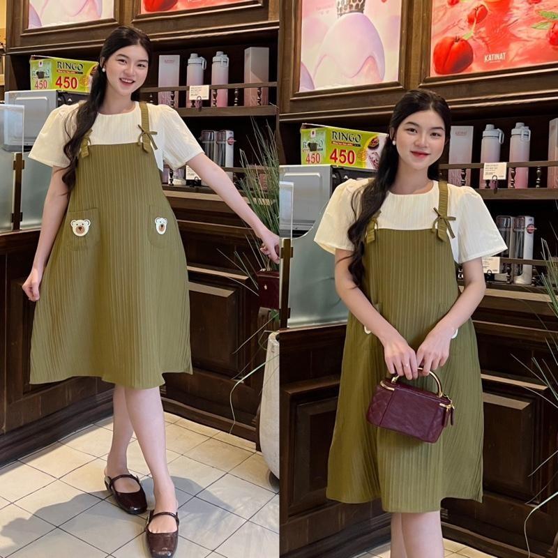 Đầm bầu yếm liền phối túi dễ thương xinh xắn, đầm bầu xinh sang chảnh đi làm đi chơi đều xinh - Nâu