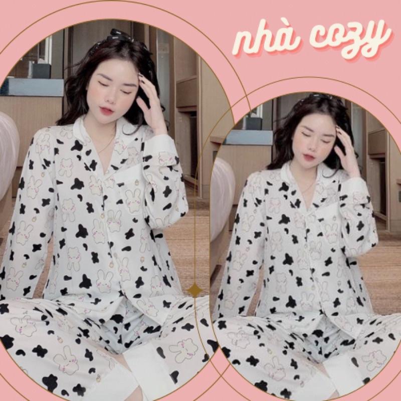 G CÓ SẴN Đồ bộ nữ PIJAMA ️ Bộ lụa tay dài quần dài ️ hoạ tiết bò sữa KÈM ẢNH THẬT