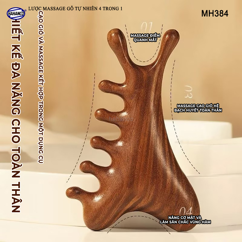 Lược Massage Dụng Cụ Làm Đẹp Chuyên Nghiệp Gỗ Tự Nhiên 4 Trong 1 - HAHANCO - MH384