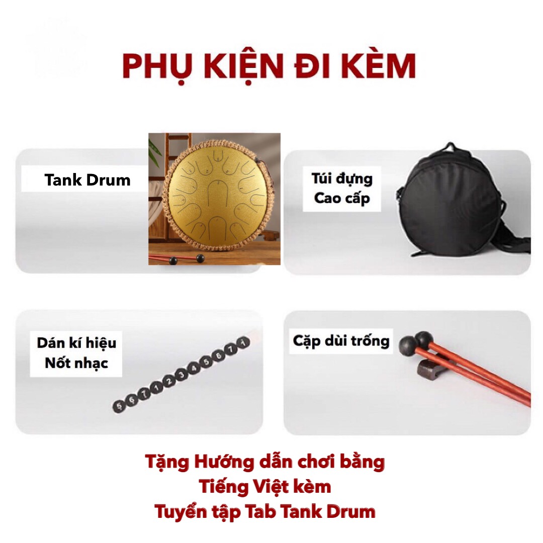 Trống Tank - Trống Không Linh - Steel Tongue Drum 13 Note 15 Note Chính Hãng Hluru - Tặng Kèm Đàn Kalimba ARES, Hướng Dẫn Chơi Tiếng Việt