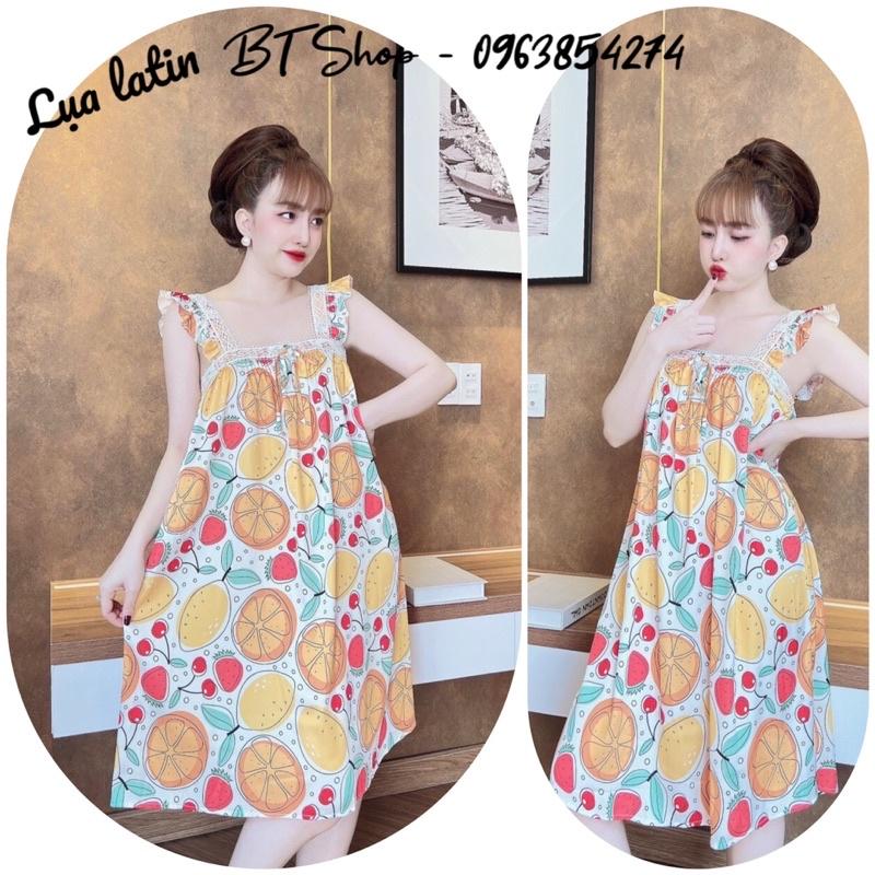 Váy ngủ mặc nhà lụa latin 2 dây hoạ tiết dễ thương freesize 42-57kg