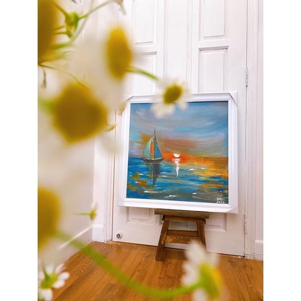 Tranh vẽ tay sơn dầu thuyền và biển 60 x60 cm trang trí phòng ngủ đẹp-Tiệm Tranh Nhà Liên
