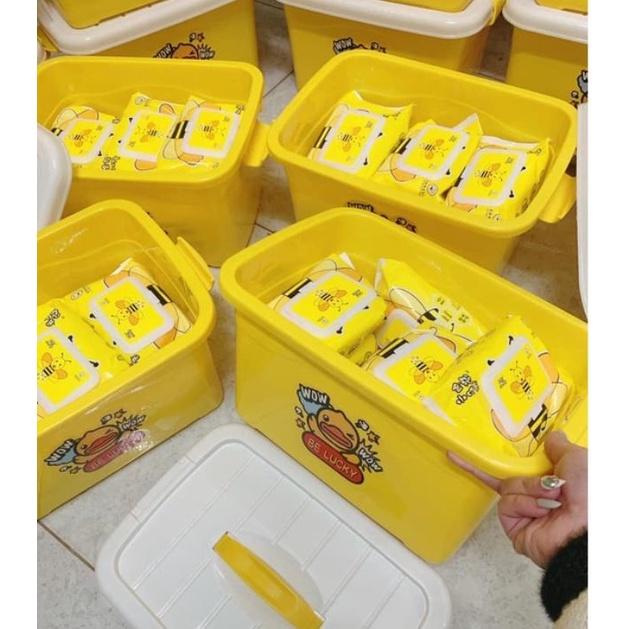 Thùng 10 gói khăn giấy ướt vịt vàng + tặng kèm thùng nhựa tiện dụng siêu đán