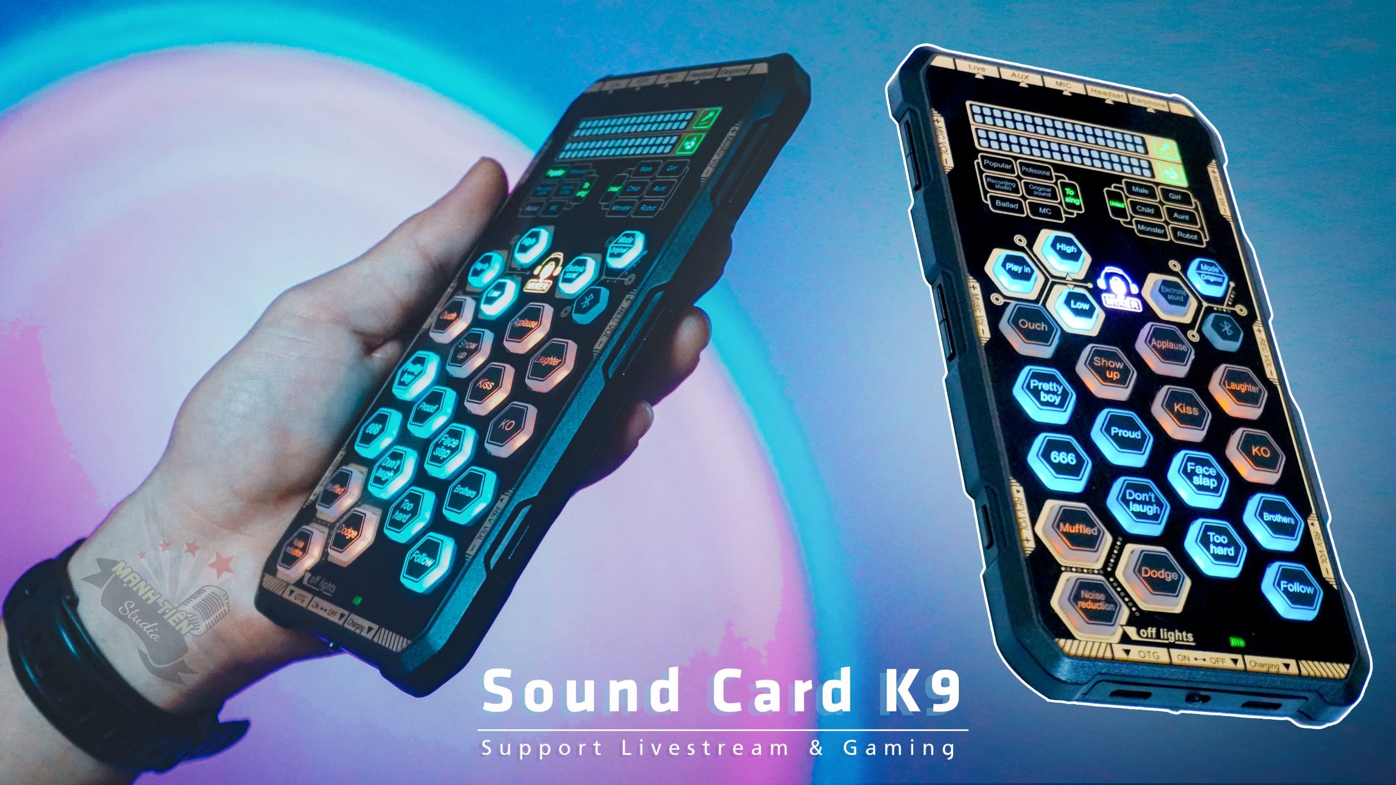 Sound card K9 mobile - Chơi game, thu âm, livestream, karaoke online, pk chỉ cần thêm tai nghe - Hỗ trợ autotune đổi giọng, hiệu ứng vui nhộn - Bluetooth 5.0, giảm tiếng ồn, trang bị pin sạc - Kết nối dễ dàng với smartphone, máy tính, tablet...