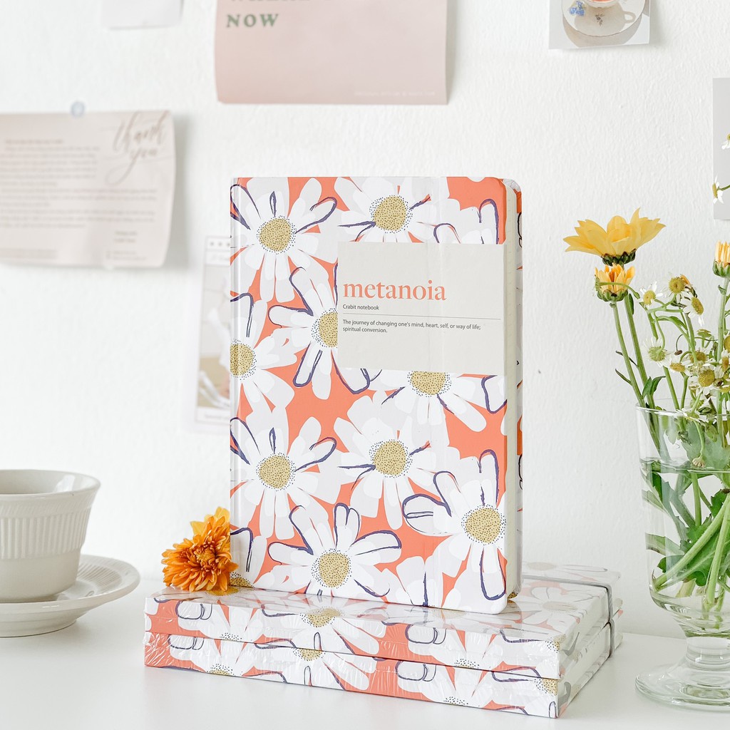 Sổ tay hoa cúc nền cam - Sổ ghi chép - Sổ chấm - Sổ bìa cứng - Daisy Dotted - 180 trang/100gsm
