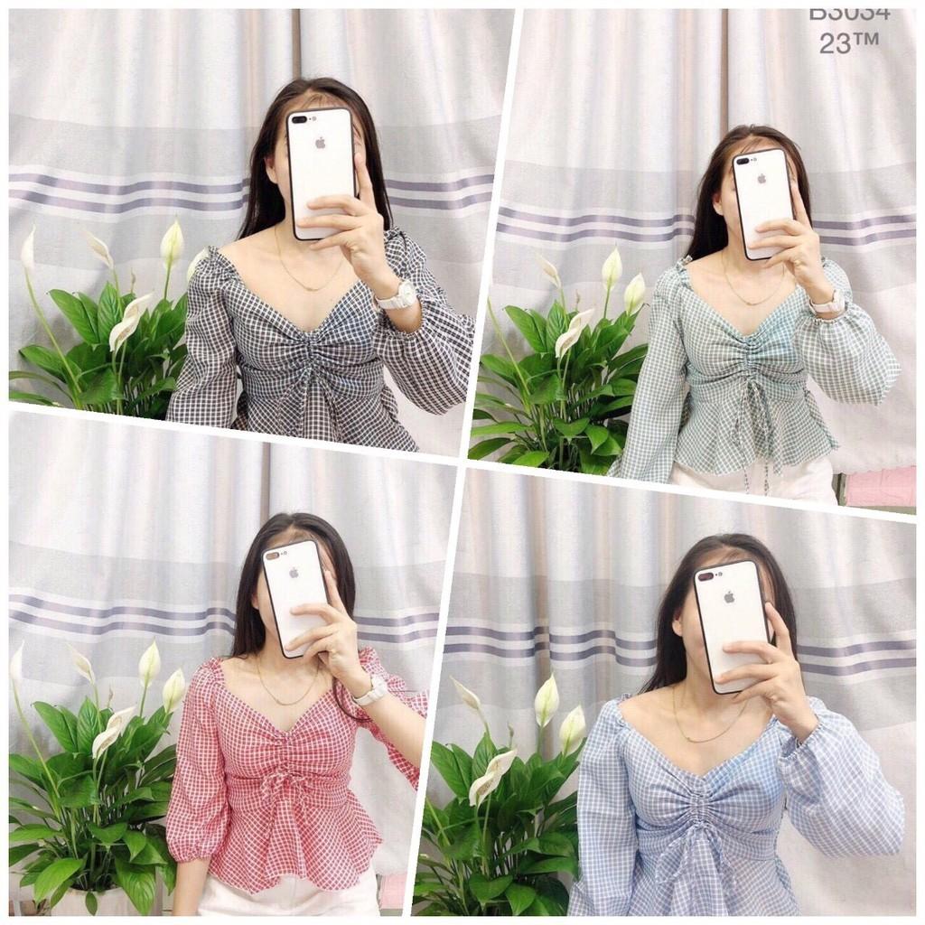 Áo Kiểu Nữ Sọc Cổ V Gia Công Tay Phồng Gợi Cảm (4 màu lựa chọn)