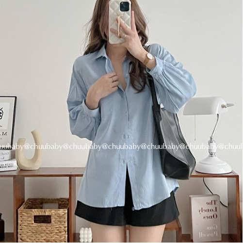 ￼Áo sơ mi nữ vải lụa hàn trơn basic nhiều màu , Áo sơ mi nữ dài tay thời trang Chuu Clothing