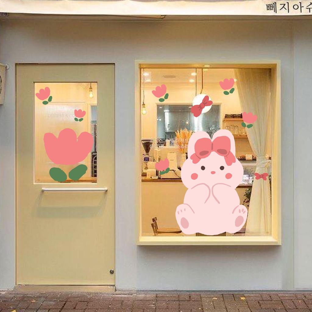 Hình dán hoa, thỏ trang trí gương cửa sổ nhà cửa, cửa hàng cute