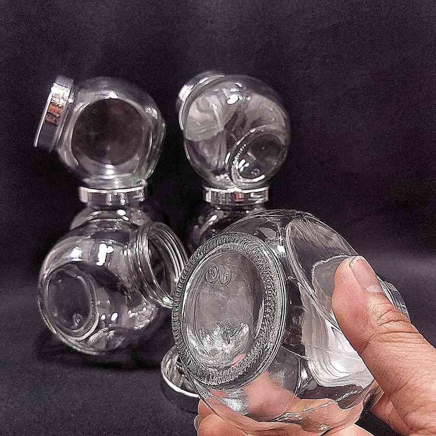 Hũ đựng gia vị đẹp 380ml mẫu Tròn Dẹt kiểu Nghiêng 2 đáy - Nắp nhựa màu bạc - Hũ thủy tinh đựng mứt kẹo, mật ong, sữa ong chúa, thực phẩm, mỹ phẩm