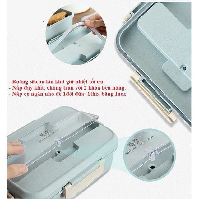 Hộp cơm văn phòng 3 ngăn lúa mạch kèm đũa thìa inox