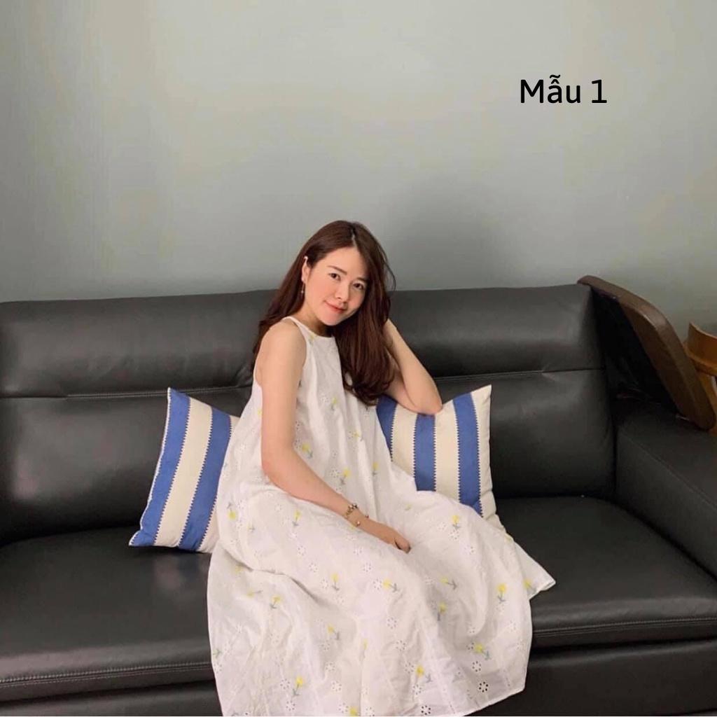 Đầm suông, Váy yếm dài, Đầm maxi hoa nhí Cao Cấp dáng suông vàng trắng, form rộng dài qua gối - MiNhi