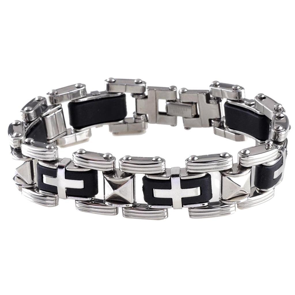 Men's Cross Stainless Steel Black Rubber Bracelet Bangle Wristband