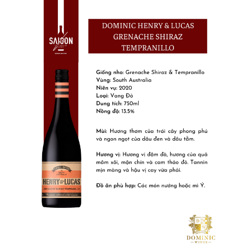 Rượu Vang Đỏ Dominic HENRY &amp; LUCAS Grenache Shiraz Tempranillo 750ml 13.5% Acl