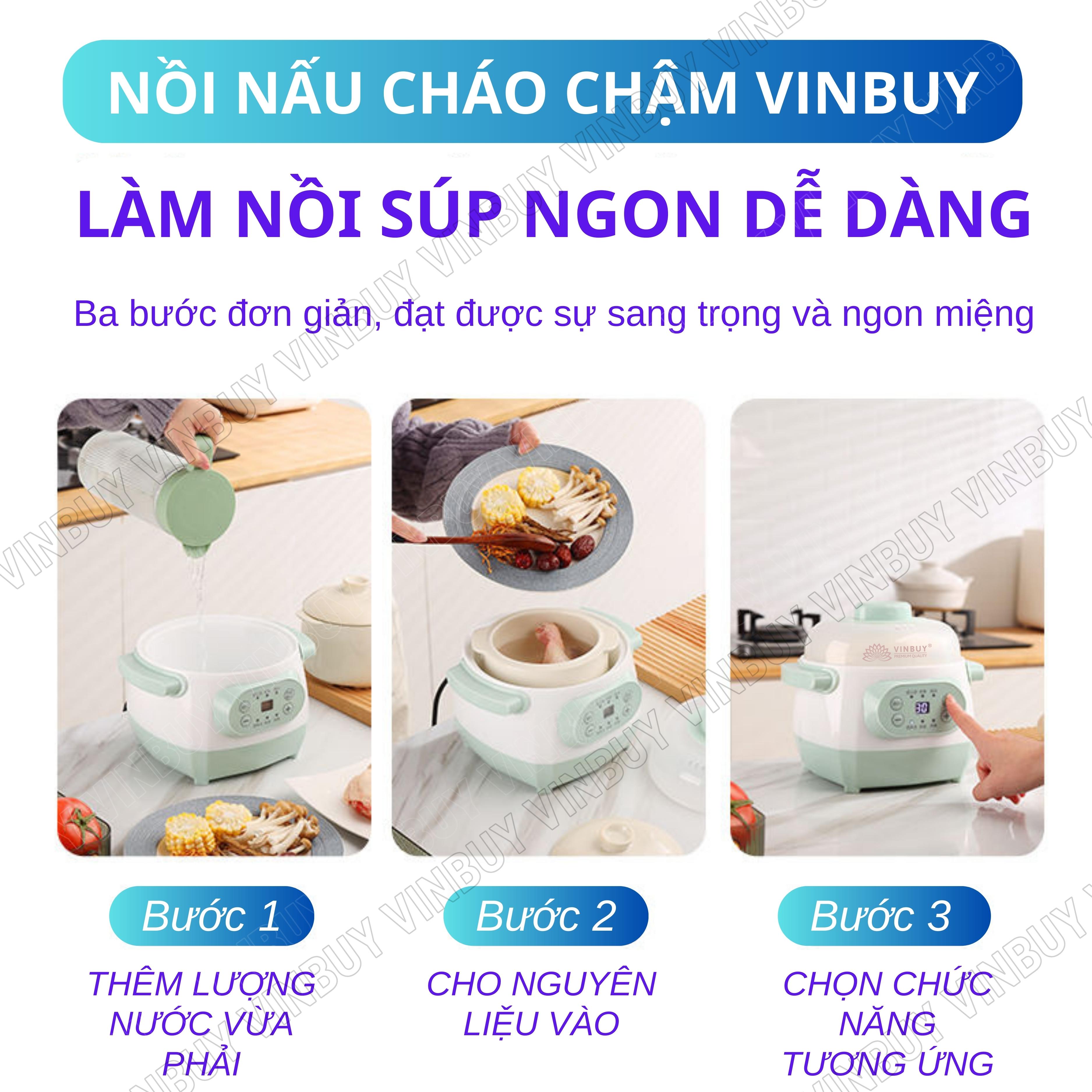 Nồi kho thịt, nồi chưng yến, nồi nấu chậm, nồi hầm cháo cho bé ăn dặm giữ trọn chất dinh dưỡng, dung tích 1 lít, công suất 200W - Hàng chính hãng VINBUY