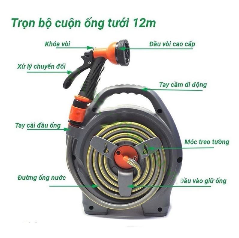 Bộ vòi tưới cây rửa xe cuộn dây dài 12m kèm vòi tưới 6 chế độ - Giao màu ngẫu nhiên