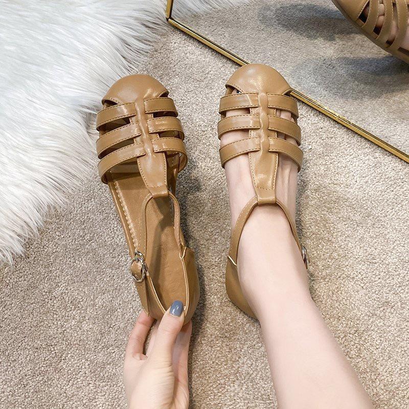 MS194 Sandal đế bằng quai đan da PU phong cách vintage