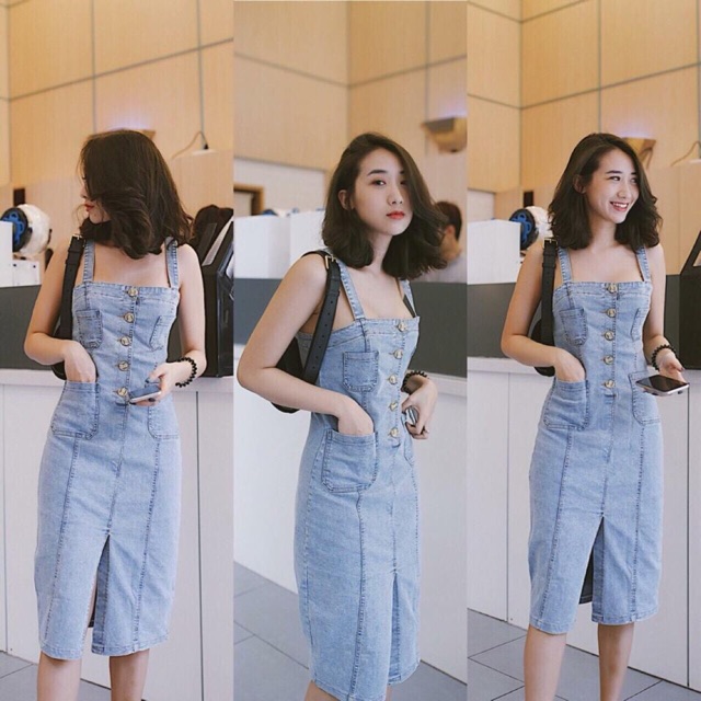 Yếm váy jean form dài có nắp NL199 – yếm bò ulzzang phong cách Hàn Quốc, Đầm jean yếm 2 dây